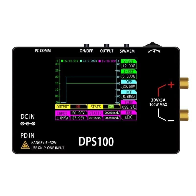DPS100 Digital DC Power Supply 0-30V 0-5A, Variable Bench Power Supply 100W Max, Type-C and DC Input, 4.0mm Banana Output, for Lab Repair DIY