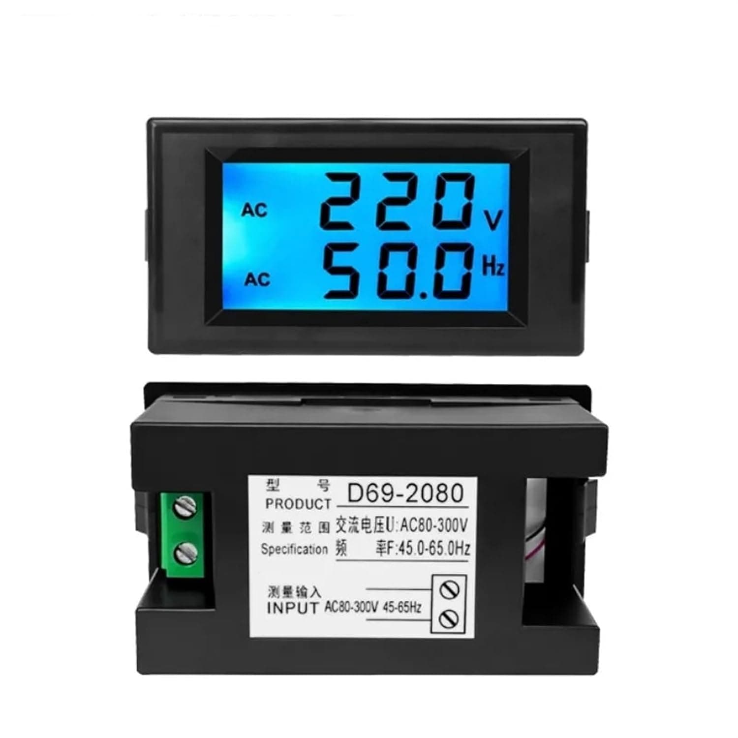 LCD Digital Voltmeter Frequency Meter Phase 110V 220V Three 380V 50Hz Tester D69-2080 1Pcs(AC 80-300V)