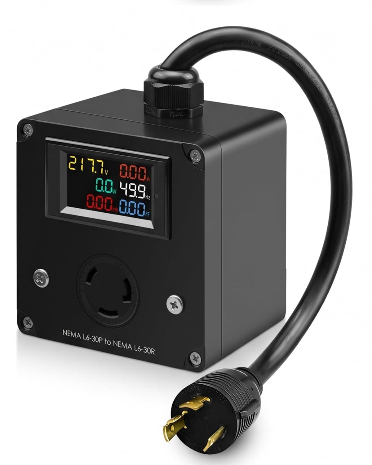 AC Power Meter L6-30P to L6-30R, 30A 240V Watt Ammeter Voltmeter Monitor